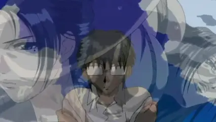 A shocked young man with glasses looks on as a large, blue-haired woman towers over him in a translucent, blue-tinted overlay. Screenshot from Hana Dorei - Episode 1