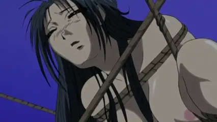 A woman with long dark hair is tied up with ropes against a blue background, displaying an expression of pleasure or exhaustion. Screenshot from Hana Dorei - Episode 1