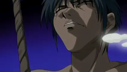 A close-up of a male anime character with blue hair, a strained facial expression, and sweat on his face, tied to a rope against a dark background. Screenshot from Hana Dorei - Episode 1
