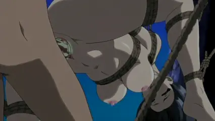 A woman is tied up with ropes in a bind/bondage pose, leaning forward over another person while having her breasts exposed and nipples visible. Screenshot from Hana Dorei - Episode 1