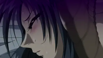 A purple-haired anime girl with a blushing face and sweating skin looks down with a strained expression while being held from behind by a muscular male figure. Screenshot from Hana Dorei - Episode 1