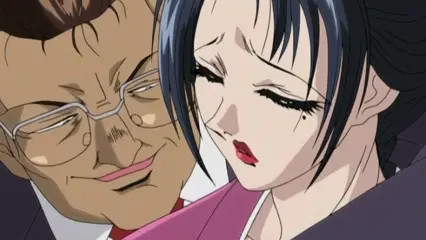 A tan man with glasses and a smug expression leans in close to a woman with dark hair who has her eyes closed and a distressed look on her face. Screenshot from Hana Dorei - Episode 2