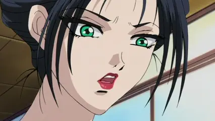 A shocked anime girl with black hair and green eyes stares forward with her mouth agape. Screenshot from Hana Dorei - Episode 2