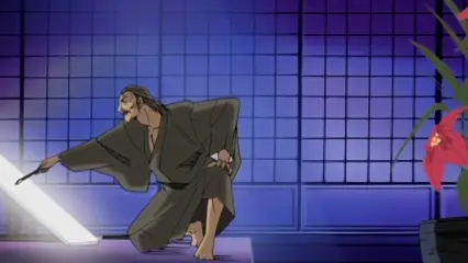 A muscular man with a beard wearing a grey kimono is kneeling on a tatami mat in a Japanese-style room, reaching his hand towards a glowing white rectangular object. Screenshot from Hana Dorei - Episode 2
