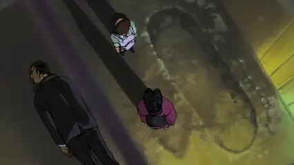 A top-down perspective shows a man in a suit standing near a woman in a pink kimono and another woman in a white dress standing over a large, dirt-filled hole on a floor next to a shovel. Screenshot from Hana Dorei - Episode 2