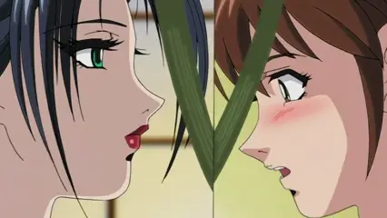 Two anime girls with long hair face each other with wide eyes and red blushes on their cheeks, separated by a large green V-shaped checkmark. Screenshot from Hana Dorei - Episode 2
