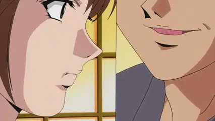 A close-up shot depicts a shocked young woman with brown hair staring at a smirking man with a prominent nose who stands very close to her. Screenshot from Hana Dorei - Episode 2