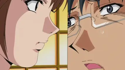 A close-up of an anime girl and a man with glasses looking at each other with intense, sweating expressions in front of a sliding door. Screenshot from Hana Dorei - Episode 2
