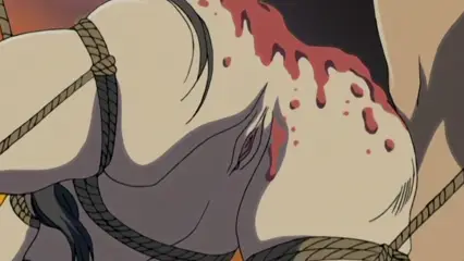 A bound woman with dark hair is shown tied up with ropes and covered in dripping blood across her back and torso in this scene. Screenshot from Hana Dorei - Episode 2