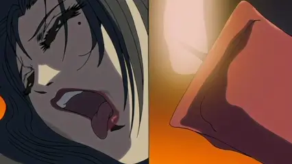 A woman with long dark hair is shown with an ecstatic expression, eyes closed and tongue out, while a phallus enters her from behind in a split-screen shot. Screenshot from Hana Dorei - Episode 2