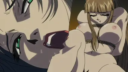 A close-up anime still shows a large man with green eyes about to fuck a bound girl with large breasts who has a pouting expression. Screenshot from Hana Dorei - Episode 2