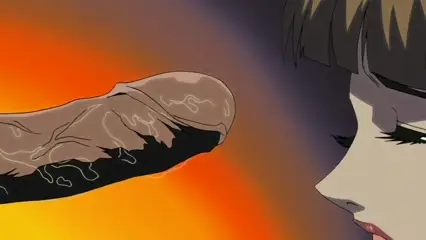 A close-up shot from an anime depicts a woman with short brown hair and heavy eyeliner looking down with an intense expression at a large, erect, and pre-cum-covered penis in front of her. Screenshot from Hana Dorei - Episode 2