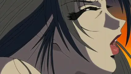 A close-up shot of an anime woman with long dark hair, her eyes closed and mouth slightly open with a blissful expression as she is being penetrated from behind. Screenshot from Hana Dorei - Episode 2