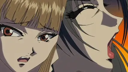 A close-up shot features two anime women, one with brown hair and a stern expression and the other with black hair and an open-mouthed expression, looking towards the left side of the frame. Screenshot from Hana Dorei - Episode 2