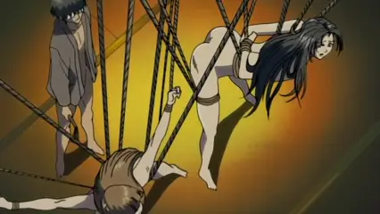 A young man and three women are bound and suspended by multiple ropes in a dark room with a glowing orange background. Screenshot from Hana Dorei - Episode 2