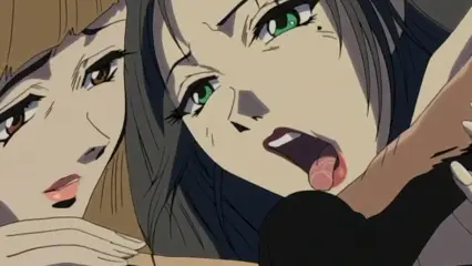 A grey-haired anime woman with green eyes reacts with a shocked expression as a blonde anime woman watches from behind, while a dark-skinned arm reaches into the frame from the right. Screenshot from Hana Dorei - Episode 2