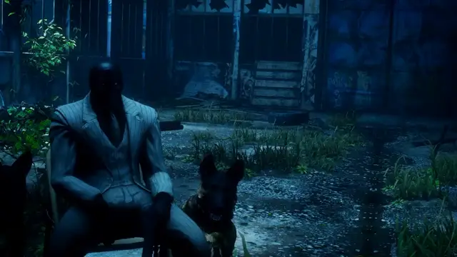 A silhouette of a man in a grey suit sits on a chair in a dark, dilapidated outdoor area next to a black dog and a German Shepherd. Screenshot from Scarlet Nights
