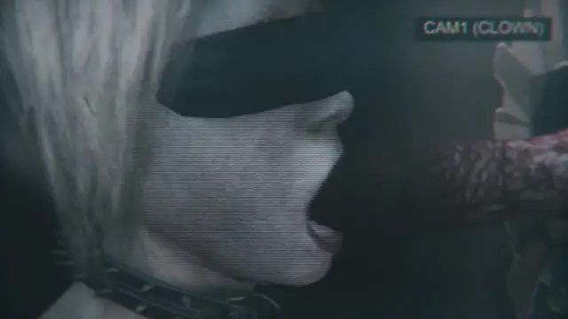 A close-up of an anime girl with blonde hair and a black blindfold has her mouth wide open as a thick, red, veiny penis enters it, while text in the upper right corner reads "CAM1 (CLOWN)". Screenshot from Scarlet Nights