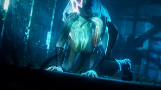 In a dimly lit, industrial setting, a blonde anime girl with long hair and dark gauntlets is bent forward on all fours on a ledge while being straddled and penetrated from behind by a large, monstrous creature. Screenshot from Scarlet Nights