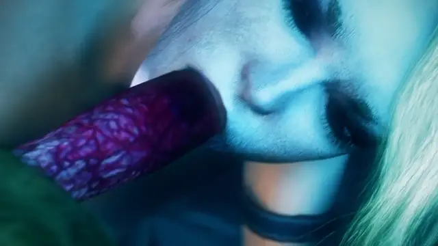A close-up shot of a blonde anime woman with her eyes closed as she performs oral sex on a large, textured purple penis. Screenshot from Scarlet Nights