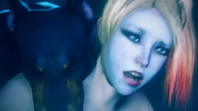A close-up shot shows a blonde woman with heavy makeup and a distressed expression next to a large, black, furred creature with glowing eyes. Screenshot from Scarlet Nights
