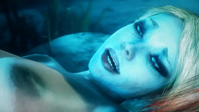 A blonde anime girl lies on the ground underwater with a dazed expression, her breasts visible and eyes wide open. Screenshot from Scarlet Nights