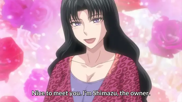 A long-haired woman with a pink kimono and purple eyes smiles and says, "Nice to meet you. I'm Shimazu, the owner," in a scene filled with pink roses. Screenshot from Hitozuma Mitsu to Niku - Episode 1