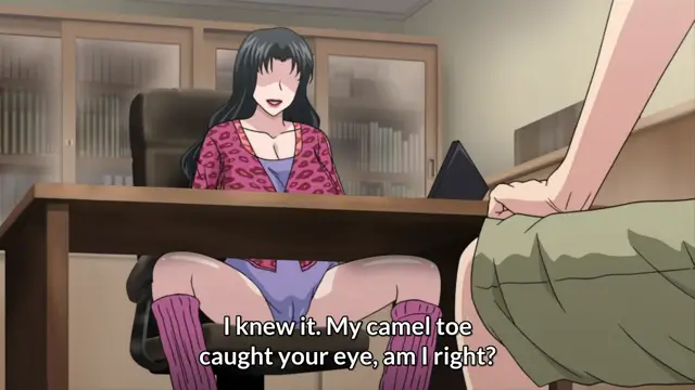 An anime woman with long black hair wearing a pink leopard print cardigan and a purple leotard sits behind a desk, looking towards a man with the subtitle "I knew it. My camel toe caught your eye, am I right?". Screenshot from Hitozuma Mitsu to Niku - Episode 1
