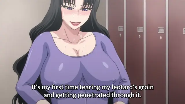 A blushing anime woman with long black hair wears a tight purple leotard and speaks the subtitle, "It's my first time tearing my leotard's groin and getting penetrated through it," while standing in a locker room. Screenshot from Hitozuma Mitsu to Niku - Episode 1