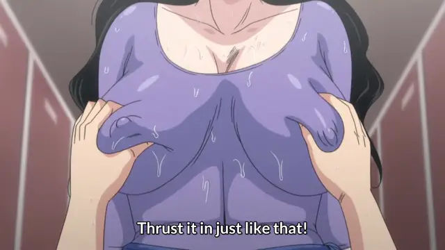 A woman in a wet purple tank top presses her large breasts together with her hands in a bathroom, with the subtitle "Thrust it in just like that!" appearing at the bottom. Screenshot from Hitozuma Mitsu to Niku - Episode 1