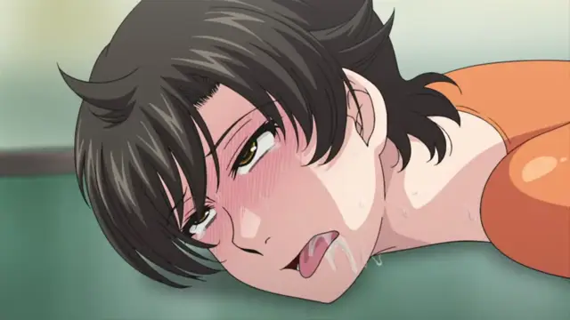 A close-up shot shows an anime girl with short black hair lying on the floor with a heavy blush, dazed eyes, and saliva dripping from her mouth. Screenshot from Hitozuma Mitsu to Niku - Episode 2