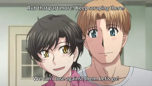 Two anime men, one with dark hair and one with blonde hair, look determined and competitive with subtitles above and below them reading "Rub that part more! Keep scraping there!" and "We can't lose against them. Let's go!". Screenshot from Hitozuma Mitsu to Niku - Episode 2