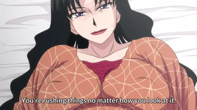 A long-haired woman with purple eyes and a blushing face wearing a torn, orange fishnet top lies on a bed, looking at the viewer while saying, "You're rushing things no matter how you look at it.". Screenshot from Hitozuma Mitsu to Niku - Episode 2