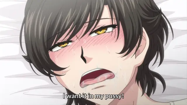A flushed, sweating anime girl with dark hair lies on white sheets with a desperate expression, with a subtitle at the bottom that reads, "I want it in my pussy!". Screenshot from Hitozuma Mitsu to Niku - Episode 2