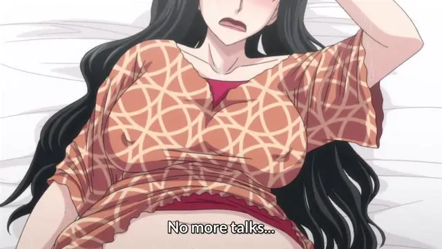 A woman with long black hair lies on a bed wearing a patterned top that is pulled up to reveal her breasts, with a subtitle at the bottom that reads "No more talks...". Screenshot from Hitozuma Mitsu to Niku - Episode 2