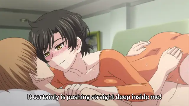 A blushing woman in an orange outfit lies on a bed while a black-haired man with a smirk leans over her, as she says, "It certainly is pushing straight deep inside me!". Screenshot from Hitozuma Mitsu to Niku - Episode 2
