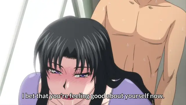 A blushing anime girl with long black hair looks towards a shirtless, sweaty man standing behind her, with subtitles that read, "I bet that you're feeling good about yourself now.". Screenshot from Hitozuma Mitsu to Niku - Episode 2