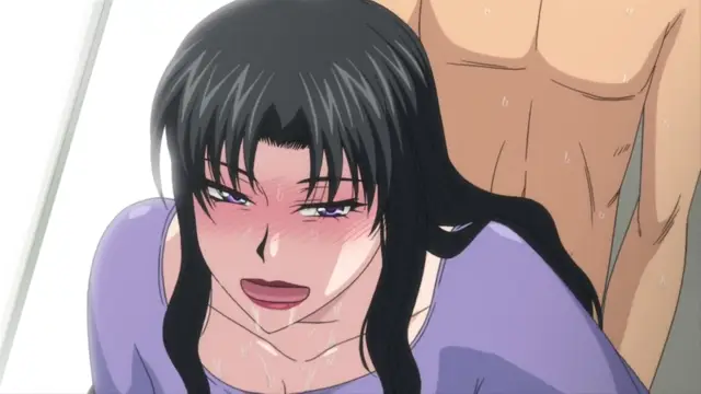 A blushing, sweaty anime girl with long black hair and purple eyes looks up with a dazed expression while a shirtless man stands behind her. Screenshot from Hitozuma Mitsu to Niku - Episode 2