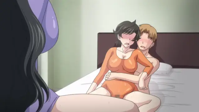 A girl in an orange leotard sits on a bed while being held from behind by a man with blonde hair, as a woman in a purple dress watches them from the foreground. Screenshot from Hitozuma Mitsu to Niku - Episode 2