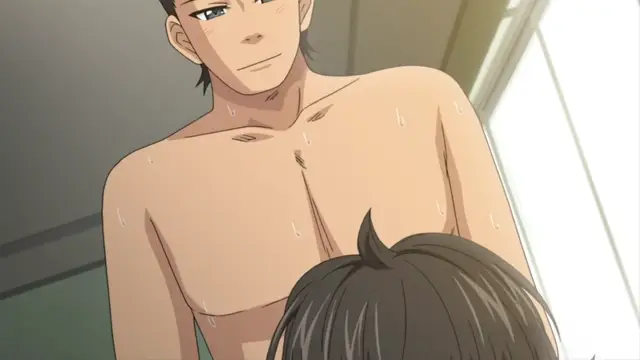 A shirtless, sweaty anime man with a slight smile looks down at the back of a girl's head in a brightly lit room. Screenshot from Hitozuma Mitsu to Niku - Episode 3