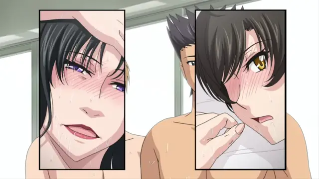 A sweaty, blushing woman with long dark hair and a man with short dark hair are shown in a split-screen close-up in a shower setting, with the woman's face partially covered by the man's hand. Screenshot from Hitozuma Mitsu to Niku - Episode 3