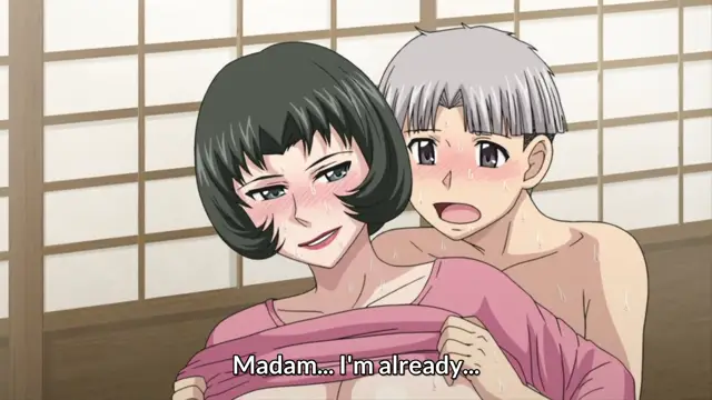 A woman with short black hair and a flushed face sits in a pink robe while a shirtless, blushing man with gray hair stands behind her, with the subtitle "Madam... I'm already..." visible at the bottom. Screenshot from Hitozuma Mitsu to Niku - Episode 4