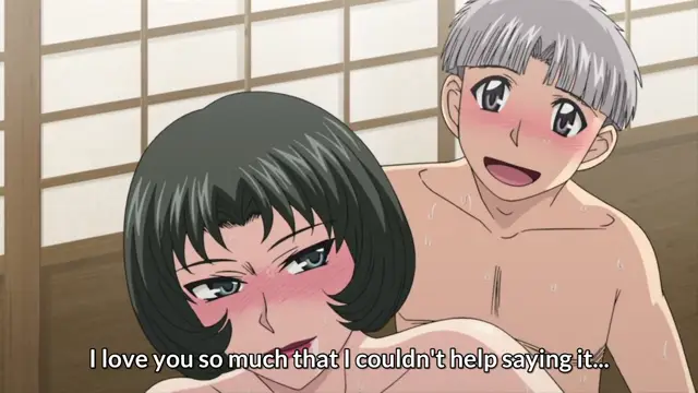 A blushing anime girl with short black hair lies on a wooden floor while a shirtless, blushing boy with silver hair smiles over her in a bathhouse setting with the subtitle "I love you so much that I couldn't help saying it...". Screenshot from Hitozuma Mitsu to Niku - Episode 4