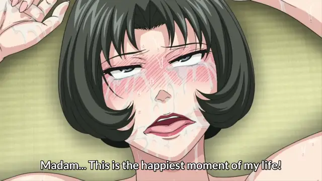 A blushing, sweating anime woman with short black hair looks upward with glazed eyes while lying down, with the subtitle "Madam... This is the happiest moment of my life!" appearing at the bottom of the frame. Screenshot from Hitozuma Mitsu to Niku - Episode 4