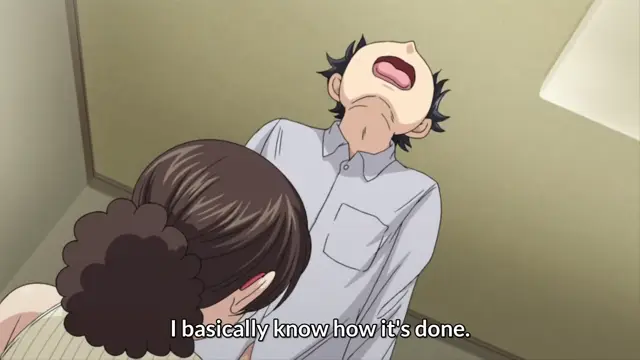 A woman with brown hair in a bun leans over a man who is lying on his back with his mouth open and eyes closed, with the subtitle "I basically know how it's done" appearing at the bottom. Screenshot from Hitozuma Mitsu to Niku - Episode 4