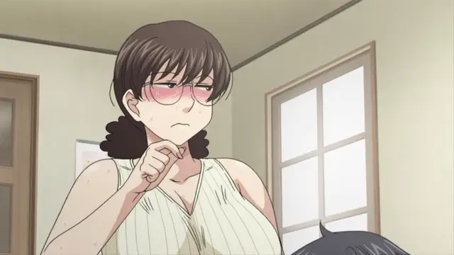 A blushing woman with short brown hair and pink glasses wears a striped tank top while looking down thoughtfully in an indoor setting. Screenshot from Hitozuma Mitsu to Niku - Episode 4