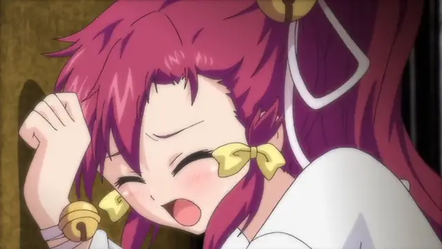 A high-angle, close-up shot shows a red-haired anime girl with gold hair accessories, blushing and smiling with her eyes closed as she raises one hand to her head. Screenshot from Kagirohi Shaku Kei - Another 1