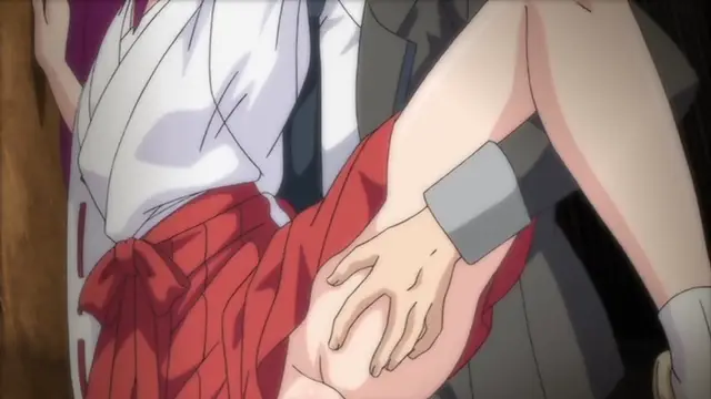 A man in a grey suit and white shirt grabs a woman's thigh and reaches into her red hakama as she stands next to a person in a kimono. Screenshot from Kagirohi Shaku Kei - Another 1