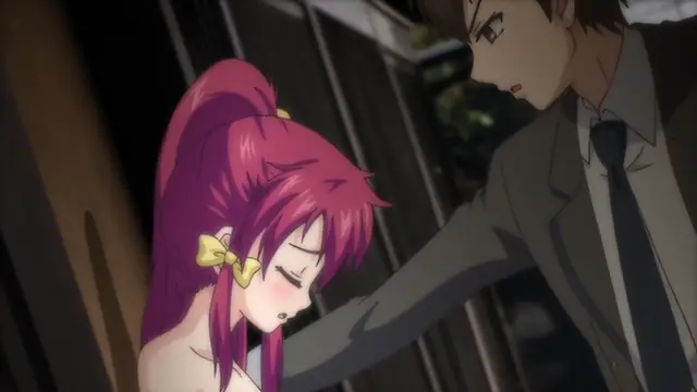 A man in a suit stands behind a blushing, long-haired anime girl with a yellow ribbon, holding her arm while they appear to be in a secluded outdoor setting. Screenshot from Kagirohi Shaku Kei - Another 1