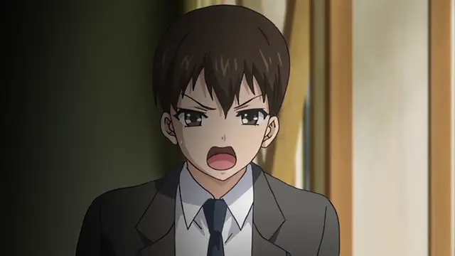 An anime man in a suit and tie looks shocked with his mouth open as he watches a scene unfold. Screenshot from Kagirohi Shaku Kei - Another 1